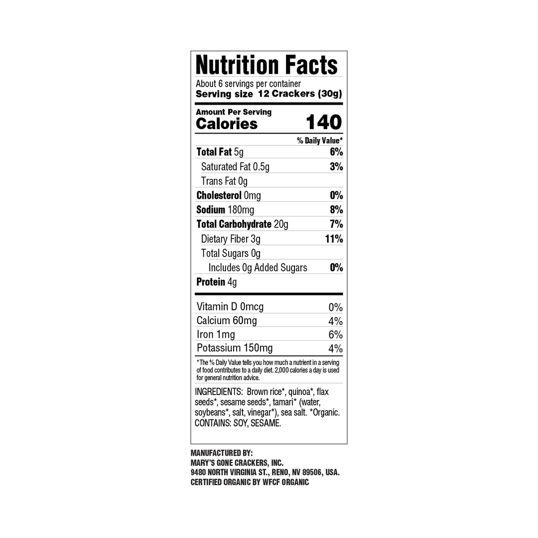 Original Crackers- Nutrition Facts Panel