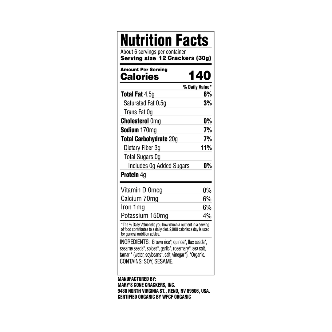 Herb Crackers - Nutrition Facts Panel