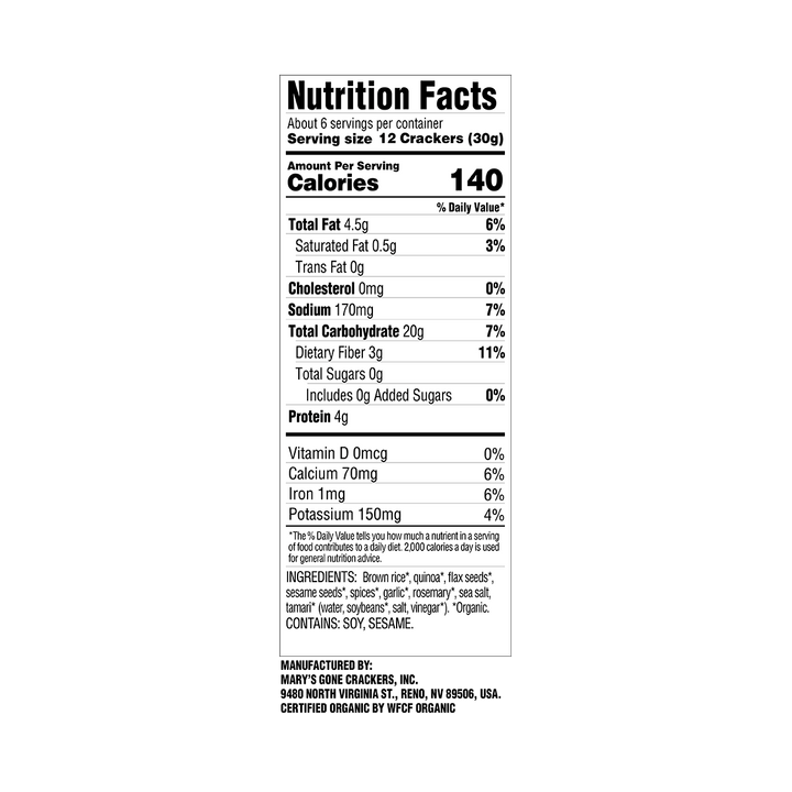 Herb Crackers - Nutrition Facts Panel