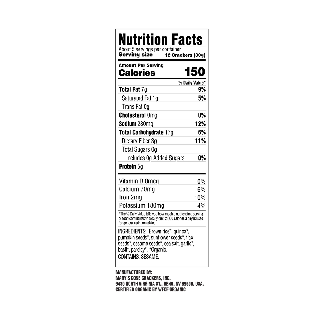 Super Seed Basil & Garlic Crackers - Nutrition Facts Panel
