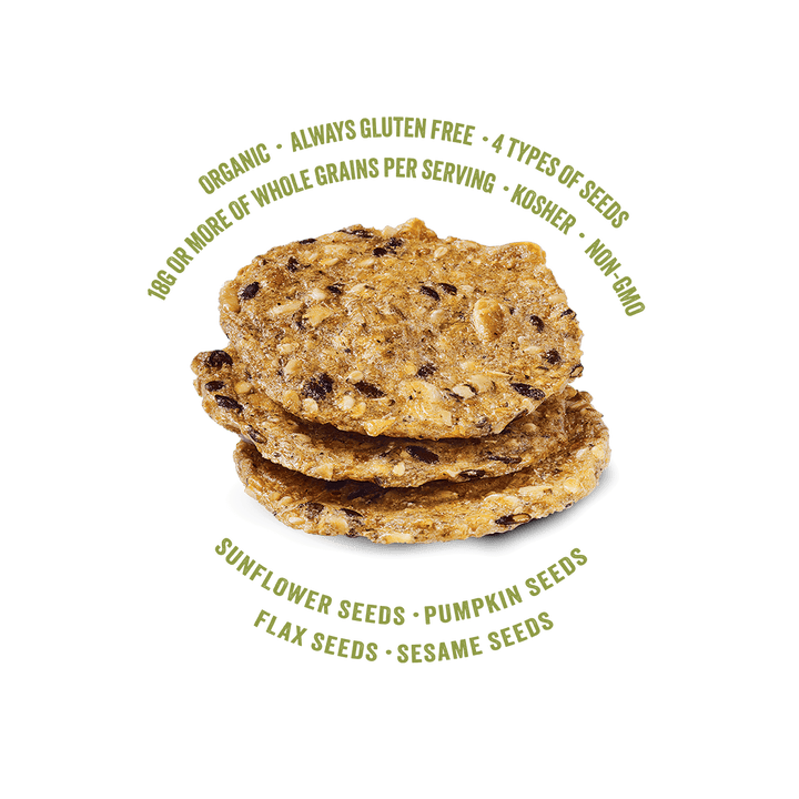 Super Seed Rosemary Crackers-Organic; Always Gluten Free; 4 Types of seeds; 18G or more of whole grains per saving; kosher; non-GMO; Sunflower seeds; Pumpkin Seeds; Flax Seeds; Sesame Seeds; Poppy Seeds.
